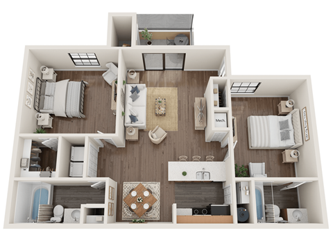 Floor plan for 2 beds, 2 baths, 900 sqft